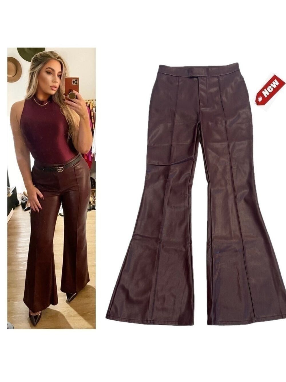 7 For All Mankind burgundy wine faux leather wide leg flare trouser pants S NWT